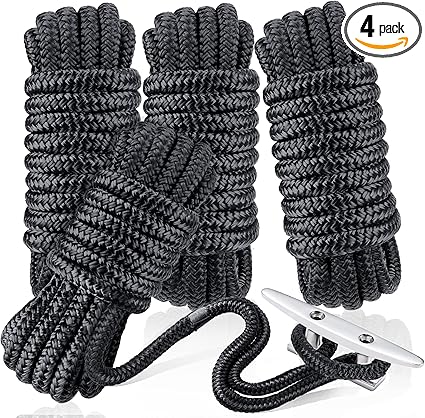 Dock Lines & Ropes Boat Accessories - 4 Pack 3/8" x 15' Double Braided Nylon Dock Lines with 12” Loop Excellent 5800 lbs Breaking Strength Marine Rope for Kayak Pontoon Boats up to 30ft Boating Gifts