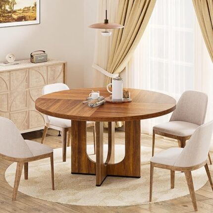 Round Dining Table Wood Kitchen Table for 4,47" Farmhouse Dinner Table with Cross Base for Dining Kitchen Room, Rustic Brown